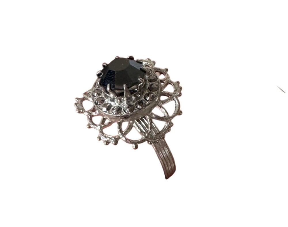 Vintage Filigree Silver Tone Adjustable Ring Black Stone Estate